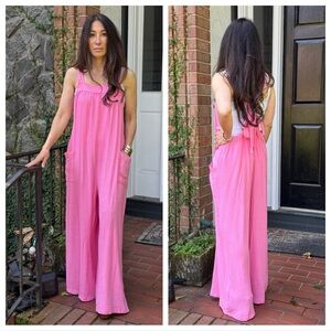 ShopEvelynne Pink Wide-Leg Jumpsuit Romper with Pockets